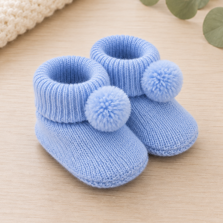 Blue Acrylic Booties With Pom Poms