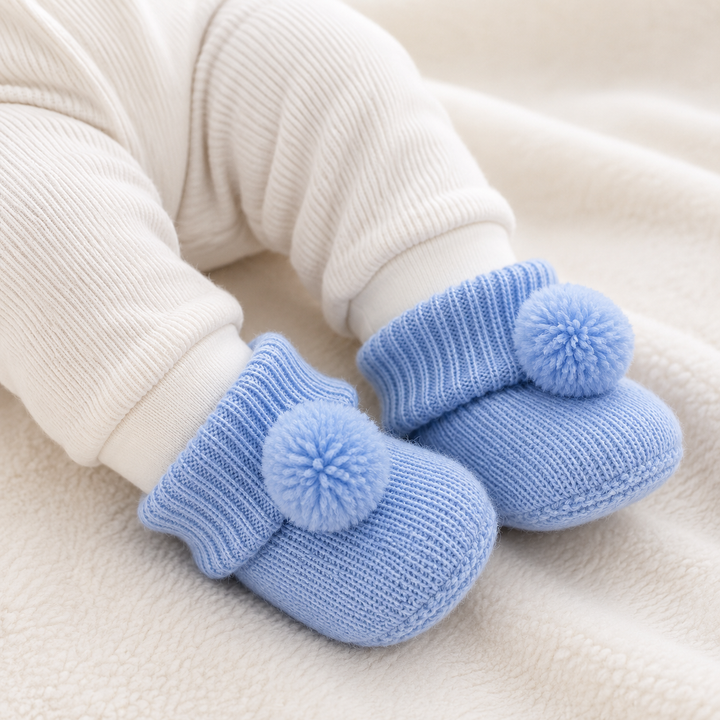Blue Acrylic Booties With Pom Poms