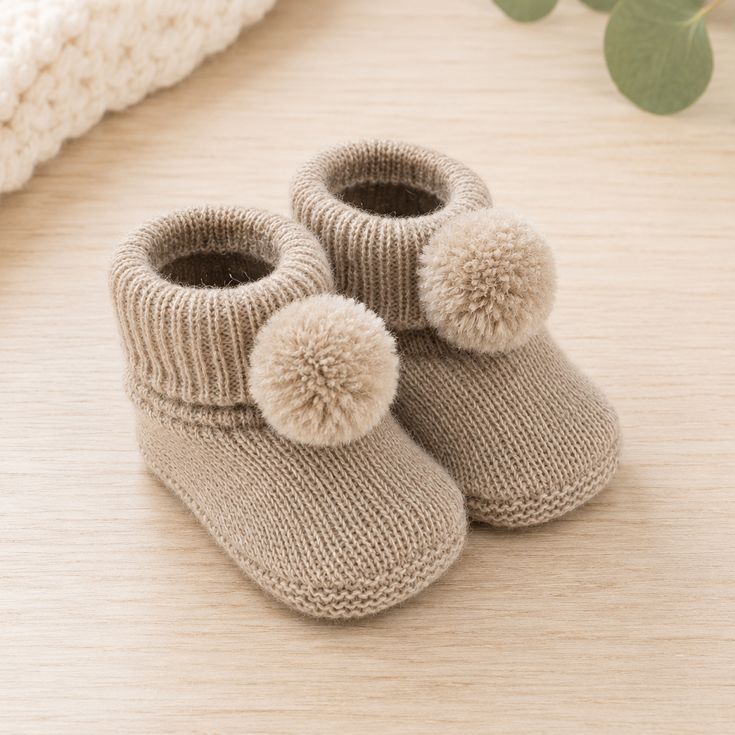 Coffee Acrylic Booties With Pom Poms