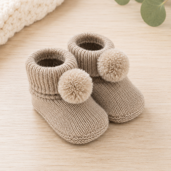 Coffee Acrylic Booties With Pom Poms