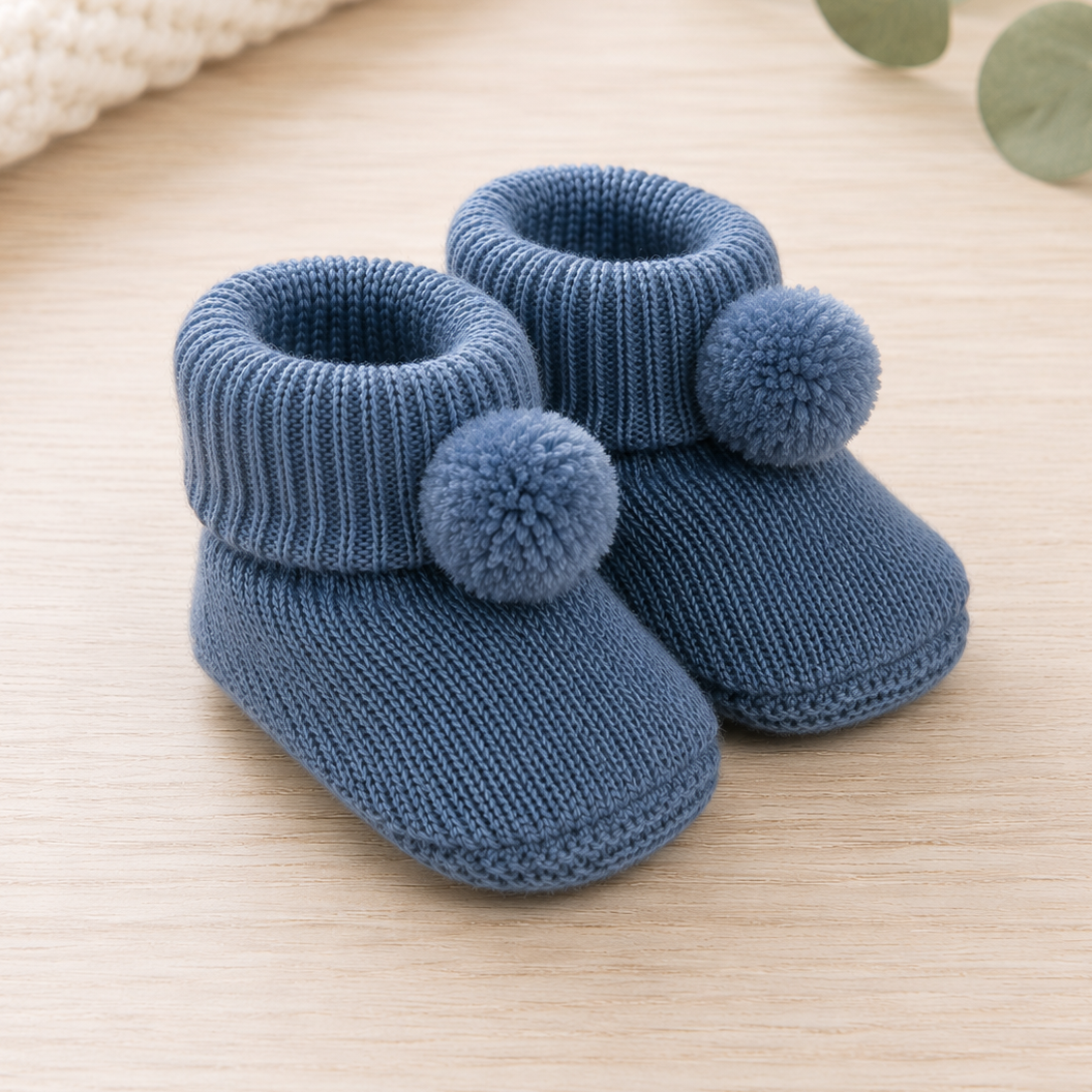 Dusky Blue Acrylic Booties With Pom Poms