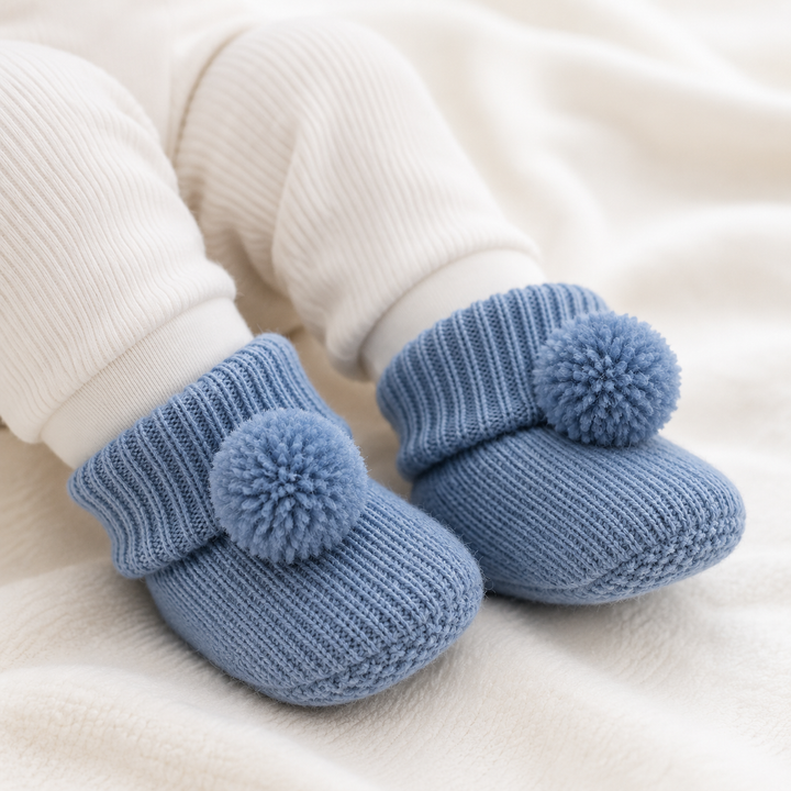 Dusky Blue Acrylic Booties With Pom Poms