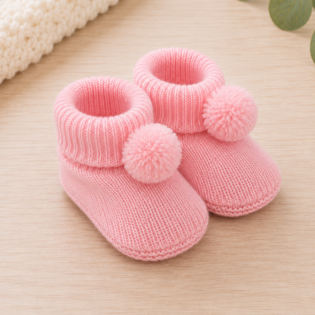 Pink Acrylic Booties With Pom Poms