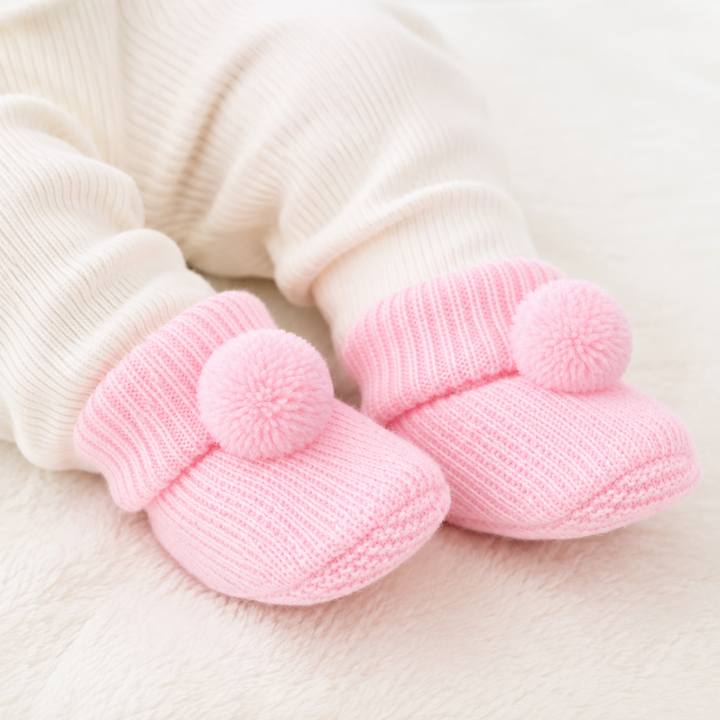 Pink Acrylic Booties With Pom Poms