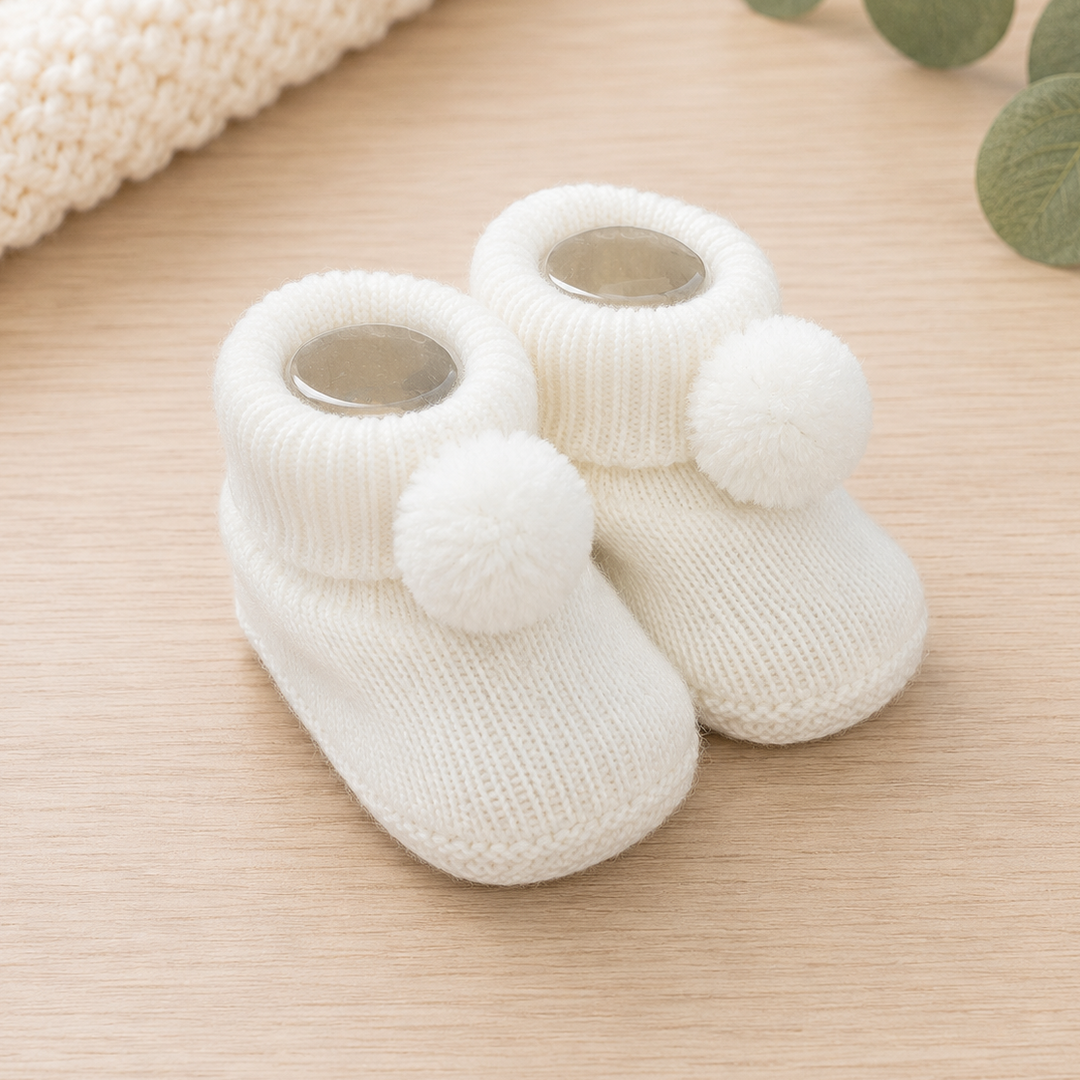White Acrylic Booties With Pom Poms