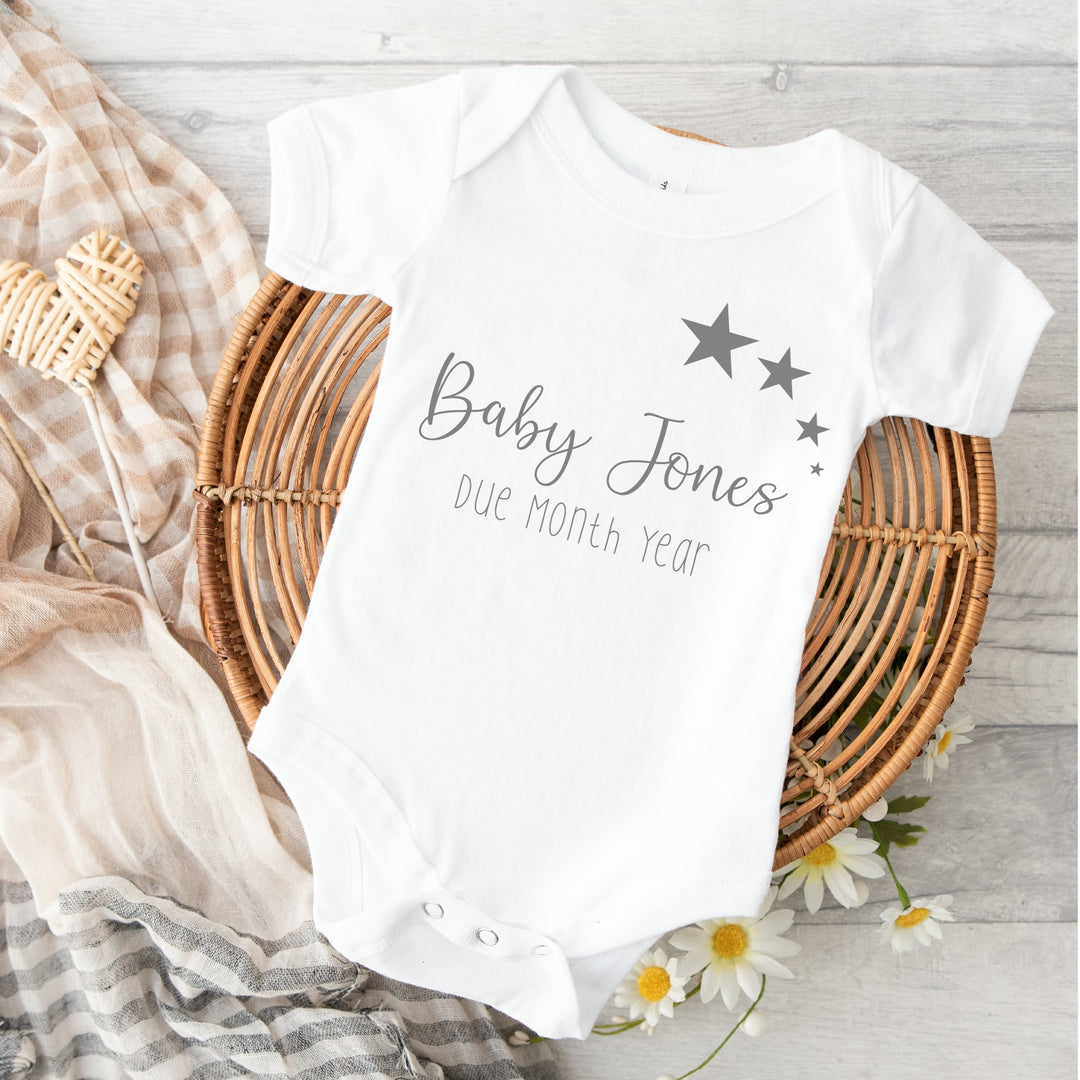 Baby announcement vests that says: Baby Jones Due Month year 