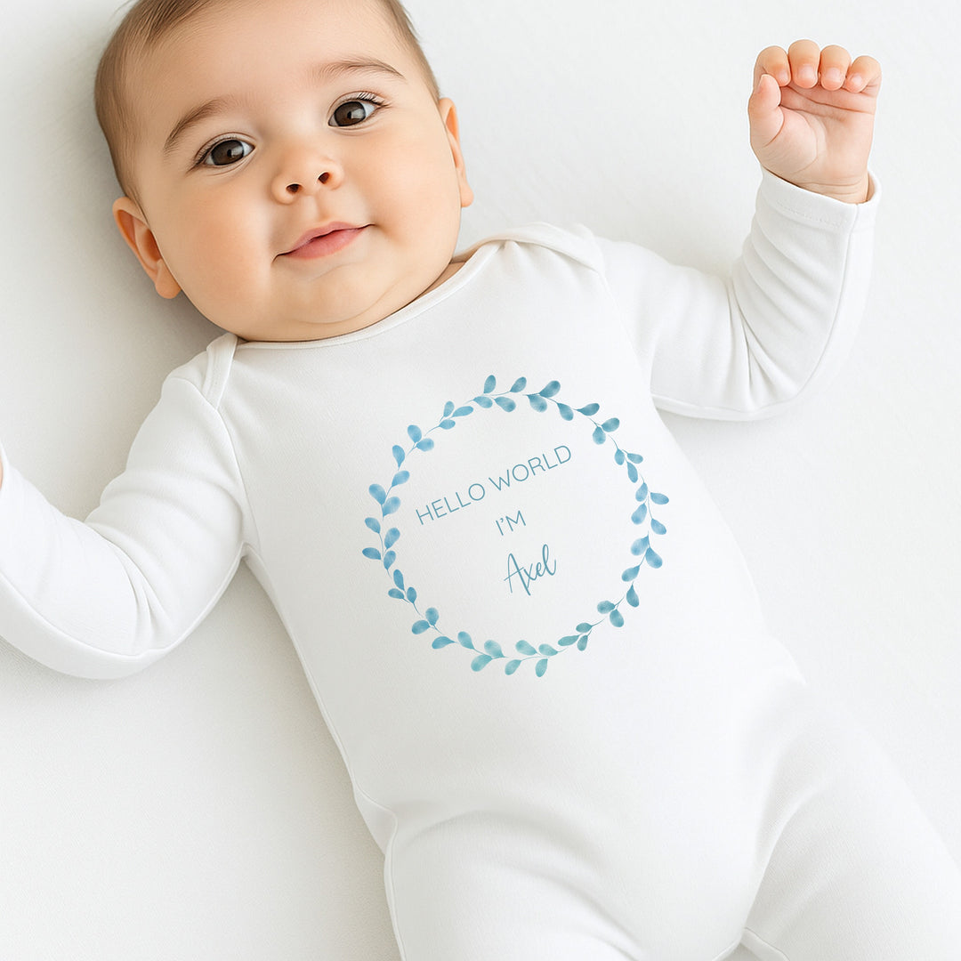 Personalised Boys Blue Wreath Babygrow & Bunny Set