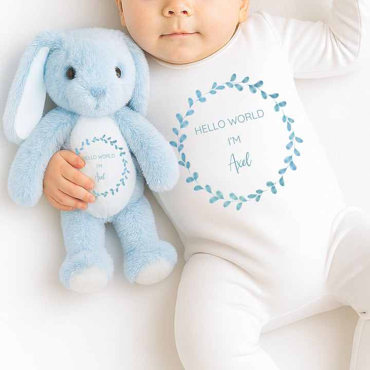 Personalised Boys Blue Wreath Babygrow & Bunny Set