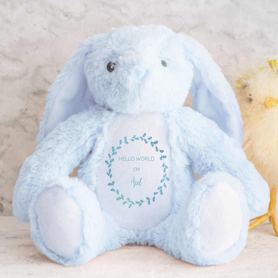 Personalised Boys Blue Wreath Babygrow & Bunny Set