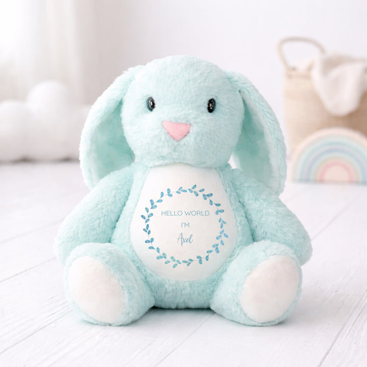 Personalised Boys Blue Wreath Babygrow &amp; Rabbit Set