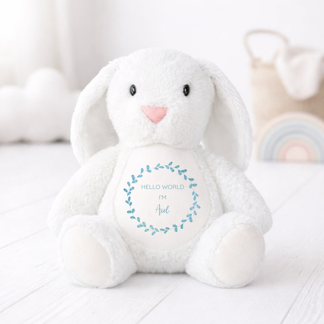 Personalised Boys Blue Wreath Babygrow &amp; Rabbit Set
