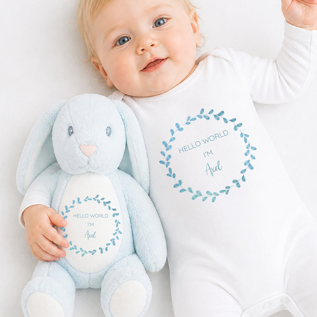 Personalised Boys Blue Wreath Babygrow &amp; Rabbit Set