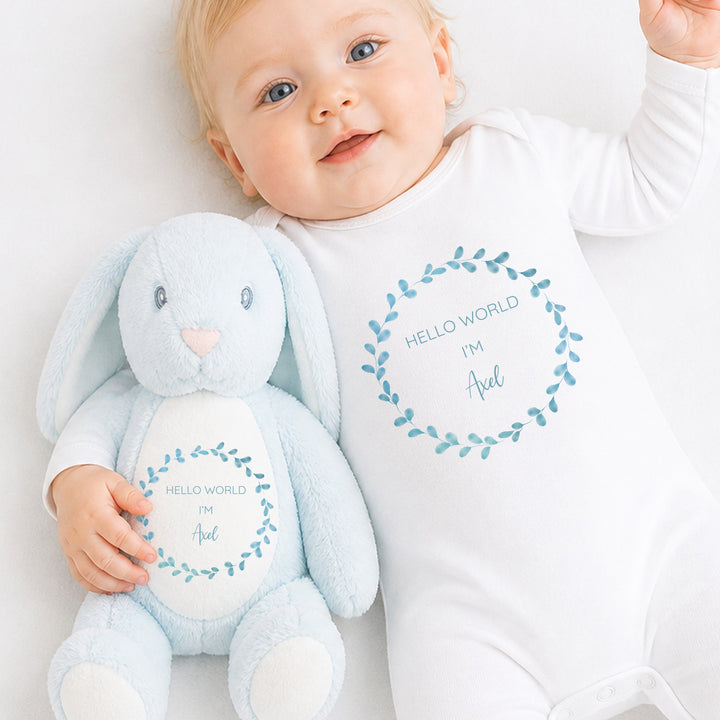 Personalised Boys Blue Wreath Babygrow &amp; Rabbit Set