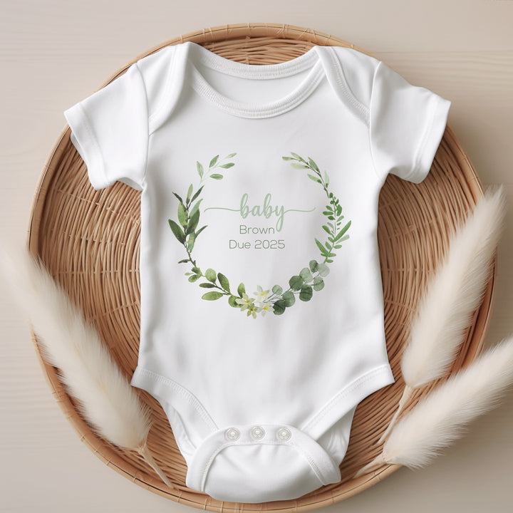 Personalised Baby Due Green Leaf Wreath Babygrow/Vest