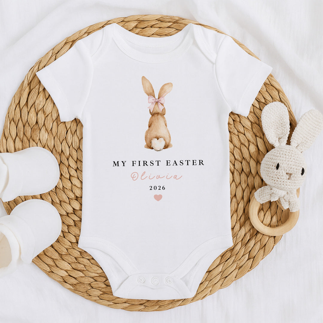 Personalised Pink Bunny My First Easter Baby Grow, Vest or Bib
