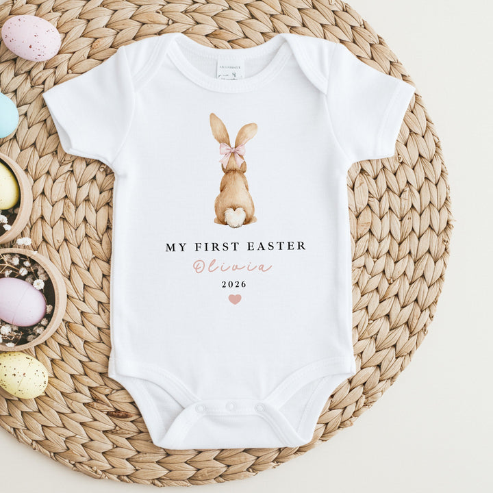 Personalised Pink Bunny My First Easter Baby Grow, Vest or Bib