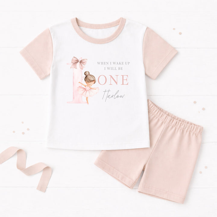Personalised Girls Pink Ballerina First Birthday Short Sleeve Pyjamas