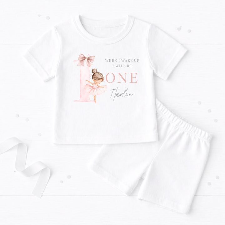 Personalised Girls Pink Ballerina First Birthday Short Sleeve Pyjamas