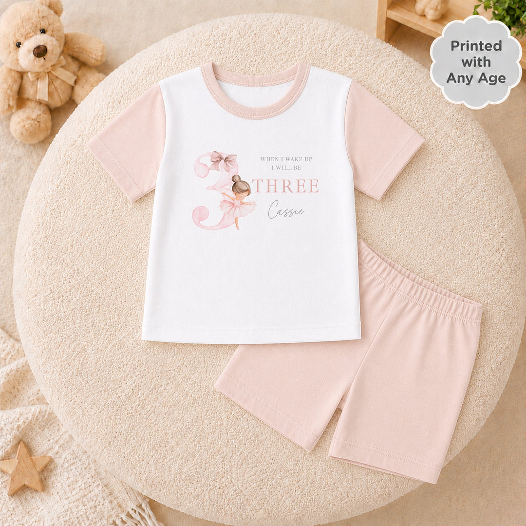 Personalised Girls Pink Ballerina Any Age Short Sleeve Birthday Pyjamas
