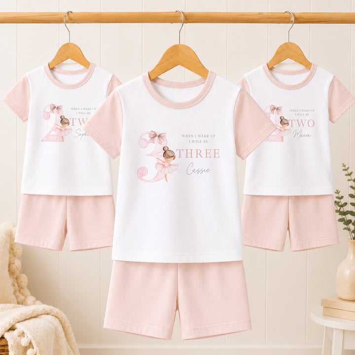 Personalised Girls Pink Ballerina Any Age Short Sleeve Birthday Pyjamas