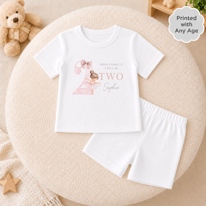 Personalised Girls Pink Ballerina Any Age Short Sleeve Birthday Pyjamas