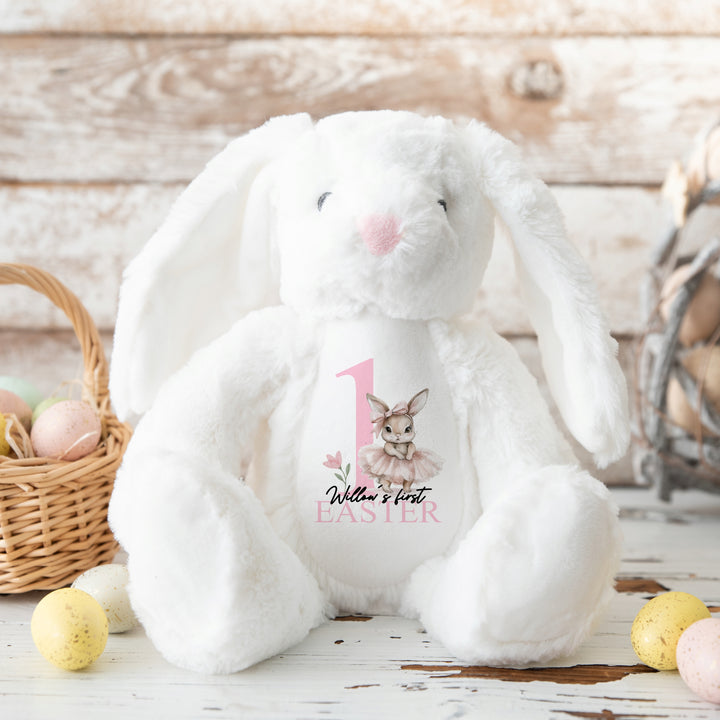 Personalised white Easter bunny that says' 1 Willow's first Easter'. This design features a pink ballerina bunny