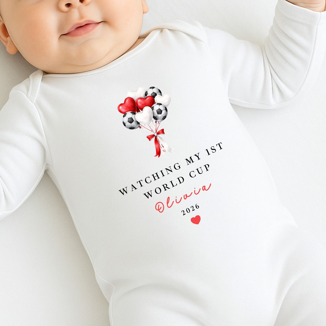 Personalised Watching My First World Cup Balloons Baby Grow or Vest