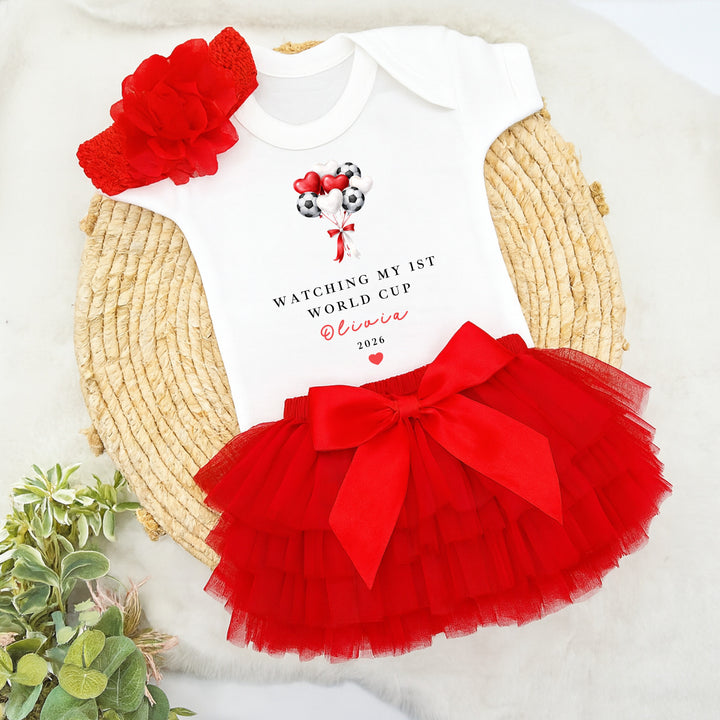 Personalised Watching My First World Cup Balloons Baby Vest &amp; Red Tutu Set
