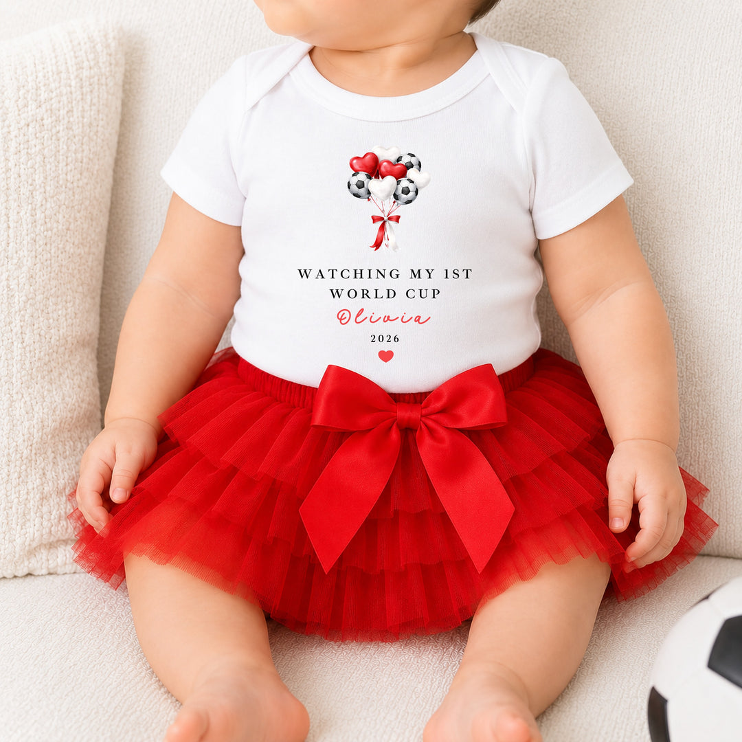Personalised Watching My First World Cup Balloons Baby Vest &amp; Red Tutu Set