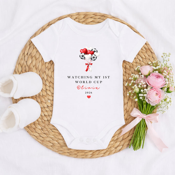Personalised Watching My First World Cup Balloons Baby Vest &amp; Red Tutu Set