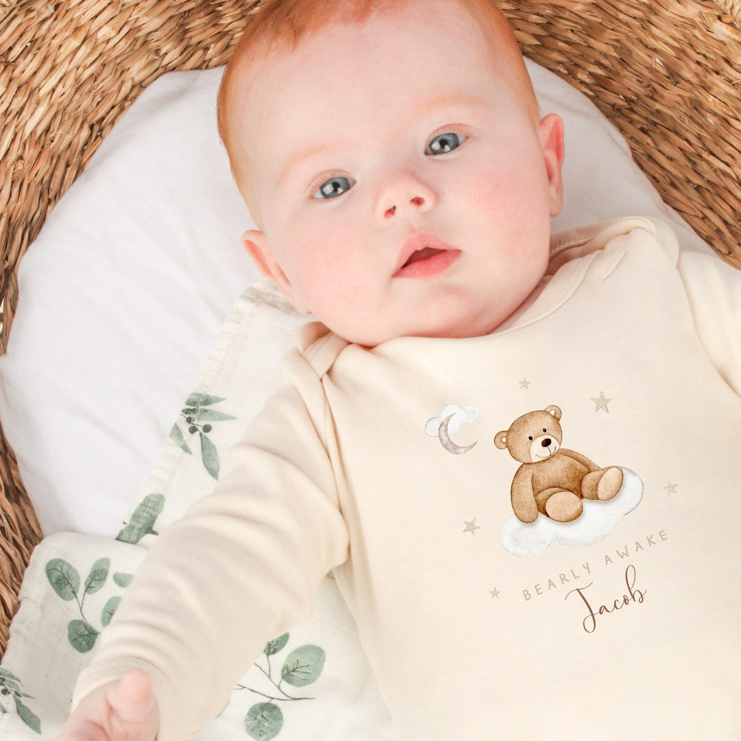 Personalised Barely Awake Bear Beige Babygrow/Vest