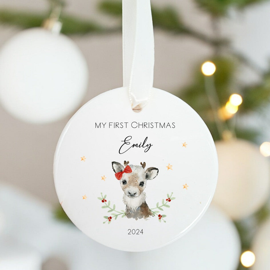 My First Christmas Girl Reindeer Personalised Ceramic Tree Ornament