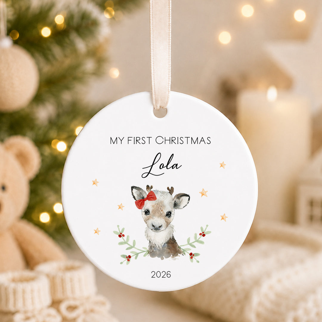 Personalised Girl Reindeer Ceramic My First Christmas Bauble