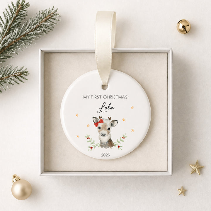 Personalised Girl Reindeer Ceramic My First Christmas Bauble