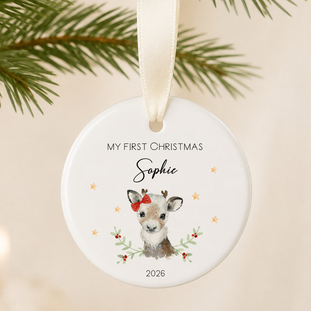 Personalised Girl Reindeer Ceramic My First Christmas Bauble