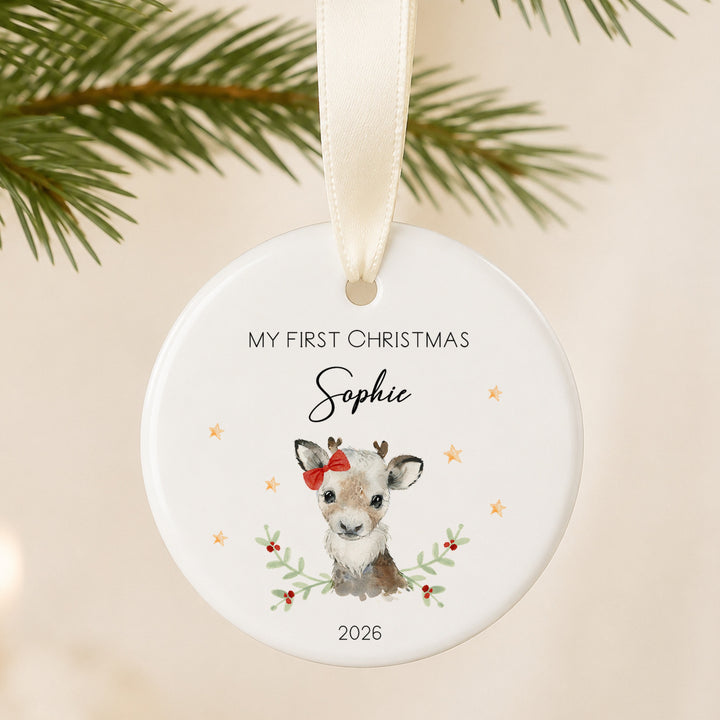 Personalised Girl Reindeer Ceramic My First Christmas Bauble