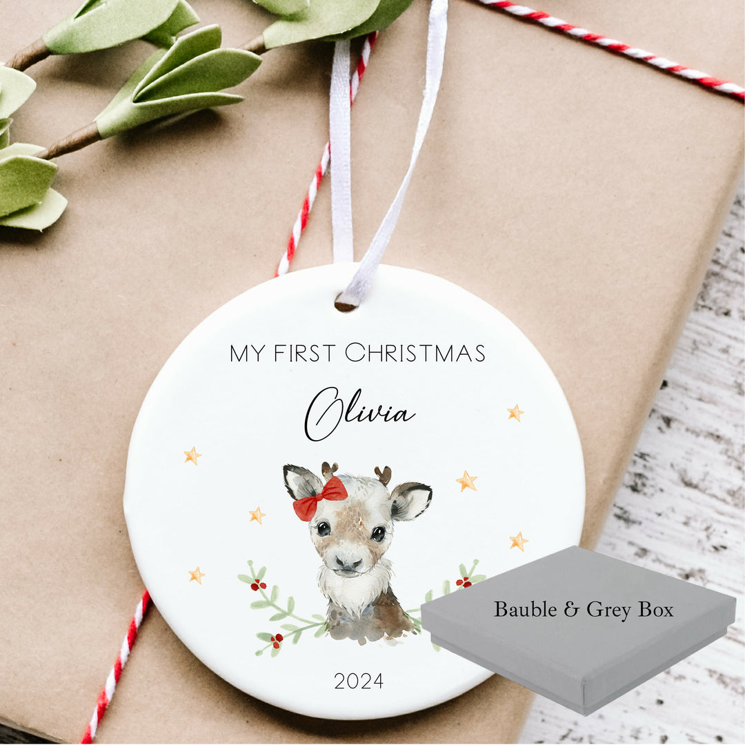 My First Christmas Girl Reindeer Personalised Ceramic Ornament