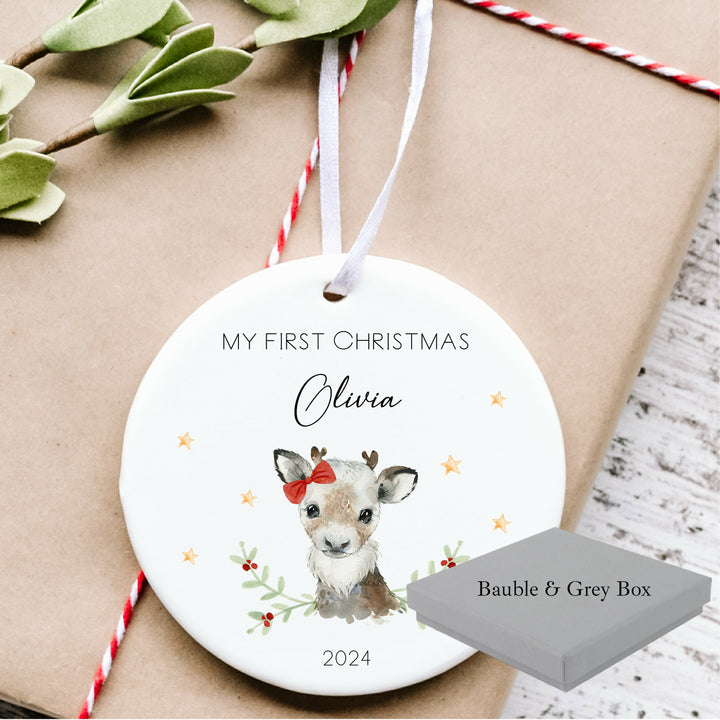 My First Christmas Girl Reindeer Personalised Ceramic Ornament