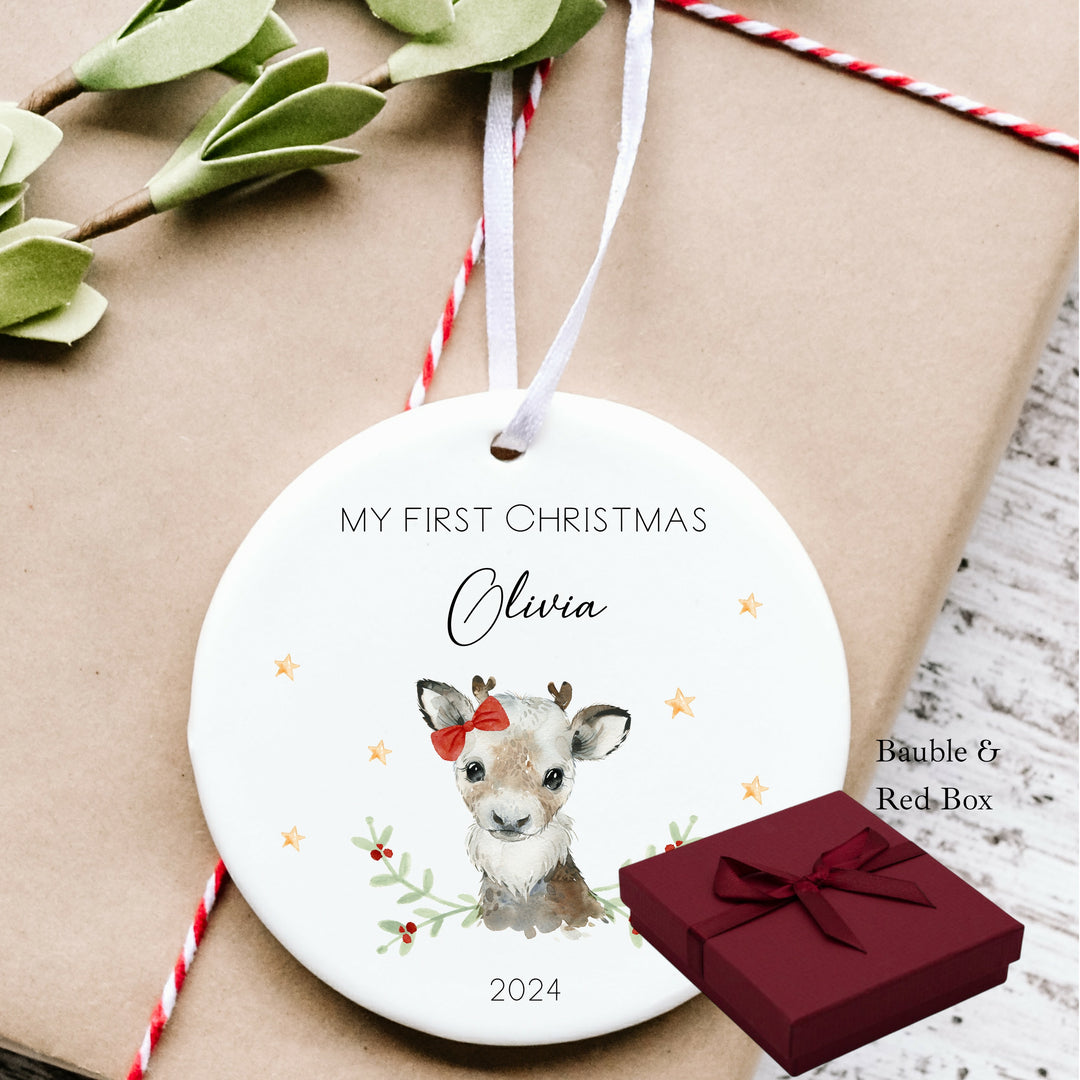 My First Christmas Girl Reindeer Personalised Ceramic Ornament