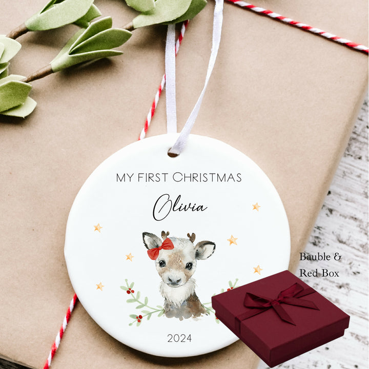My First Christmas Girl Reindeer Personalised Ceramic Ornament