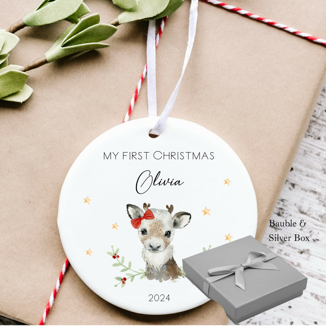 My First Christmas Girl Reindeer Personalised Ceramic Ornament