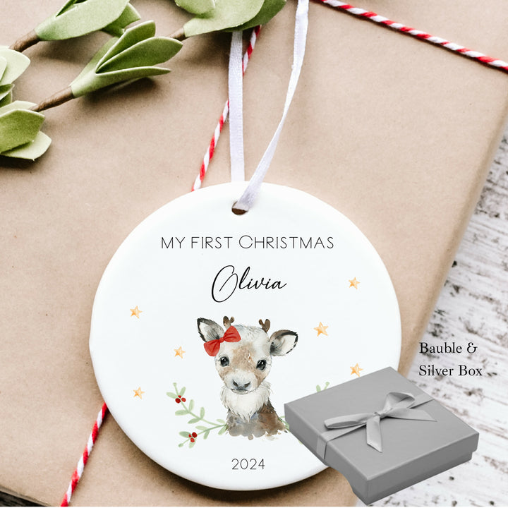 My First Christmas Girl Reindeer Personalised Ceramic Ornament