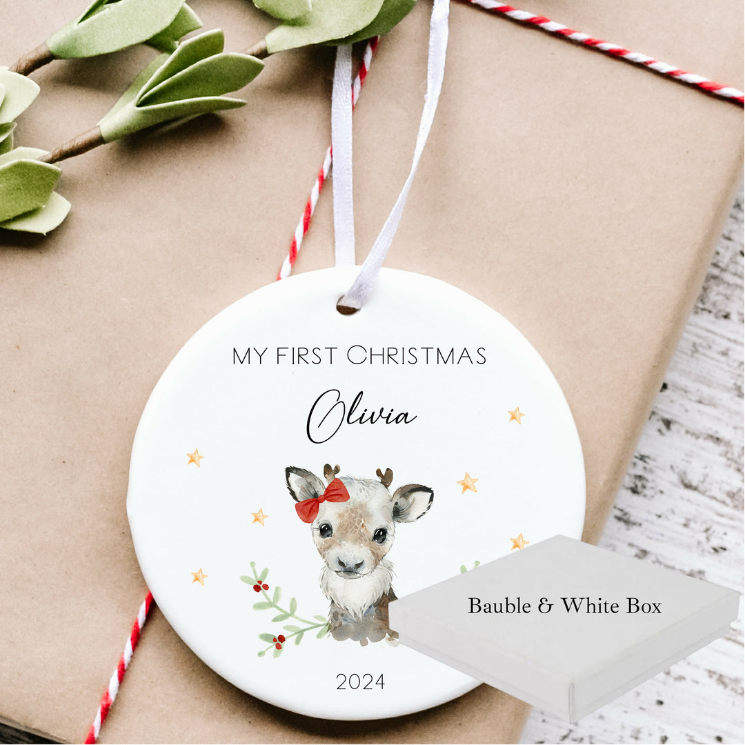 My First Christmas Girl Reindeer Personalised Ceramic Ornament