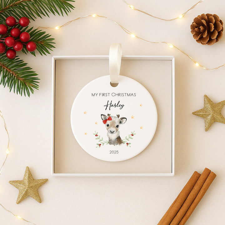 My First Christmas Girl Reindeer Personalised Ceramic Ornament