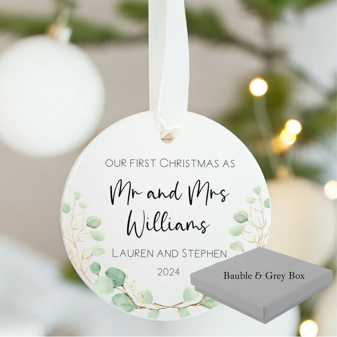 Personalised Our First Christmas Mr & Mrs Leaf Wreath Ornament
