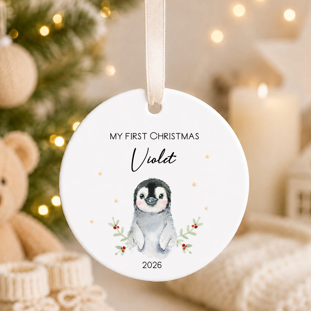 Personalised Little Penguin Ceramic My First Christmas Bauble