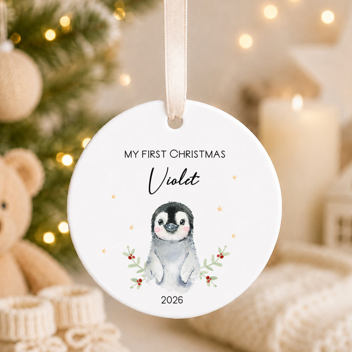 Personalised Little Penguin Ceramic My First Christmas Bauble