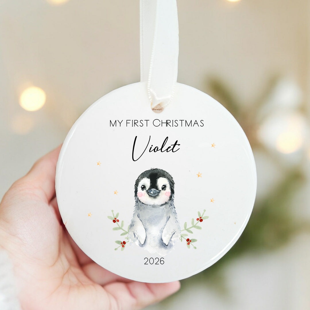 Personalised Little Penguin Ceramic My First Christmas Bauble