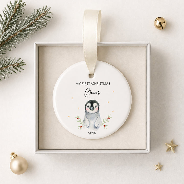 Personalised Little Penguin Ceramic My First Christmas Bauble