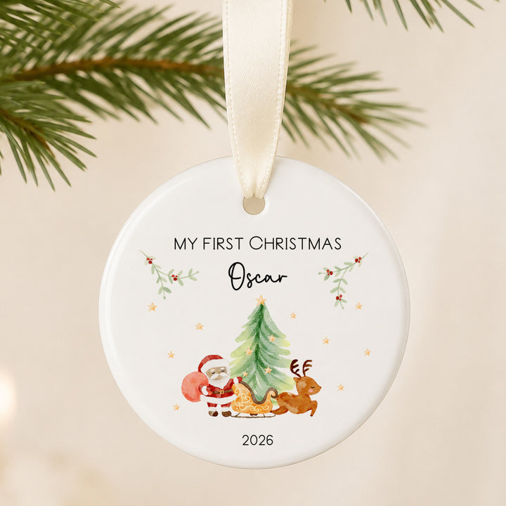 Personalised Santa Scene Ceramic My First Christmas Bauble